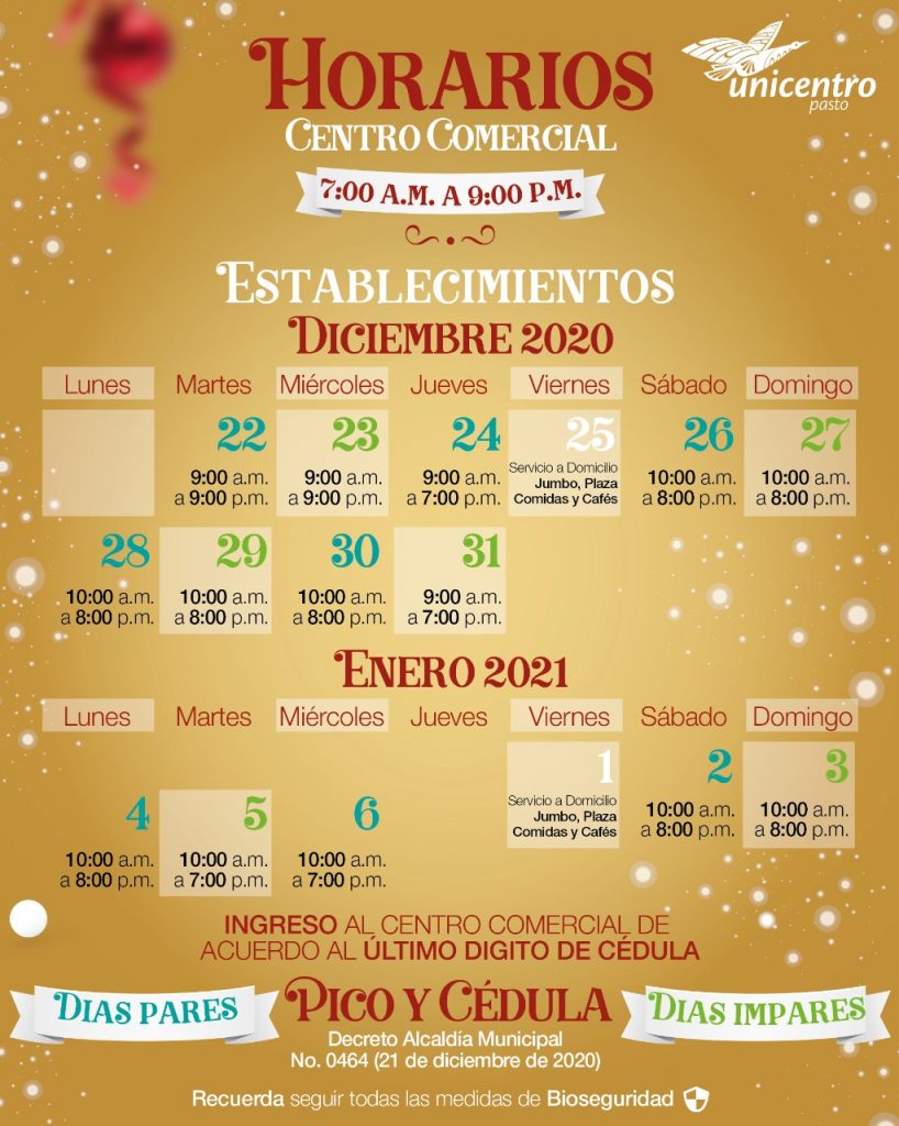 Horarios de operación Centro Comercial Unicentro Pasto